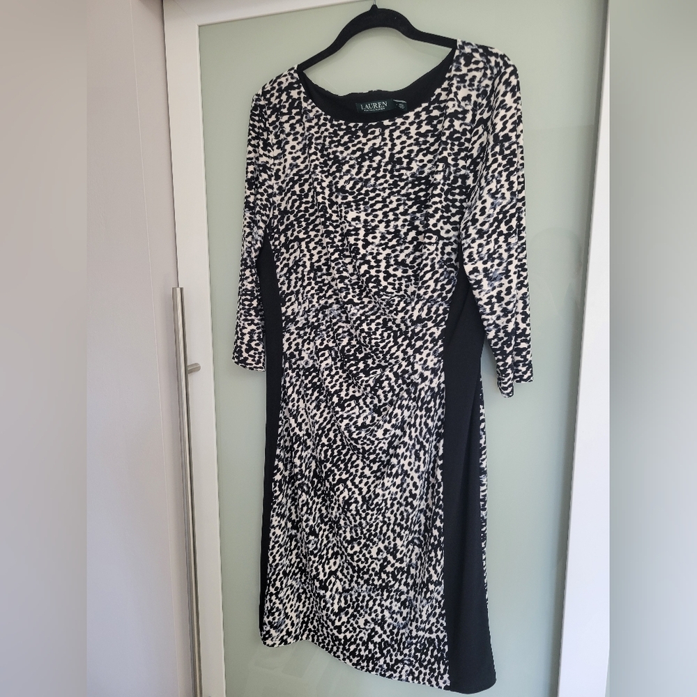Lauren Ralph Lauren Midi Black Cream Print 3/4 Sleeve Stretch Size 14